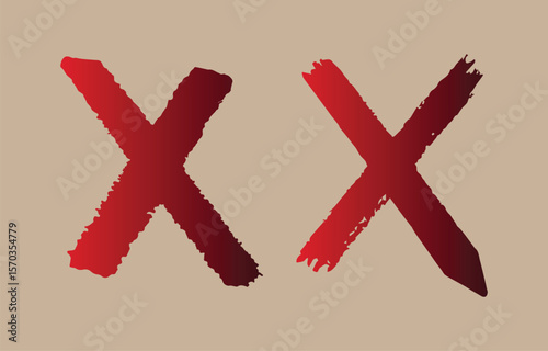 Two bold red brush stroke xs are painted diagonally on a muted tan background symbolizing a cross out or incorrect mark