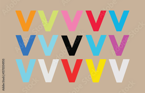 A vibrant and playful pattern of the letter v repeated in various bright and bold colors arranged in three horizontal rows against a neutral beige background