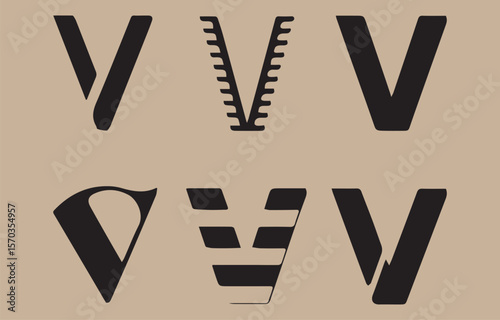 A collection of six abstract black letter v designs in various styles and interpretations on a neutral beige background showcasing creativity and design