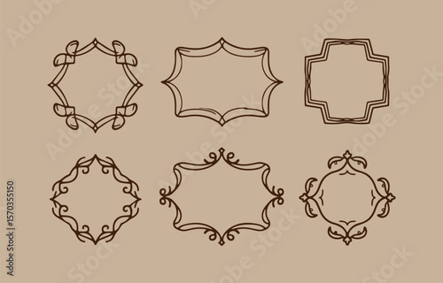 A collection of six decorative hand drawn ornamental frames and borders in a simple elegant dark brown line art style on a neutral beige background