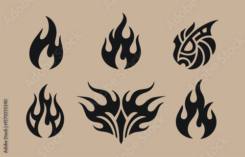 Collection of six stylized black flame tribal tattoo designs and graphic elements on a neutral beige background symbolizing energy and power