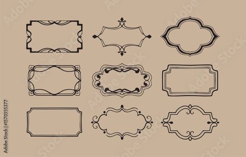 Collection of nine elegant black decorative ornamental frames and borders with vintage flourishes and ornate swirling designs on a muted beige background