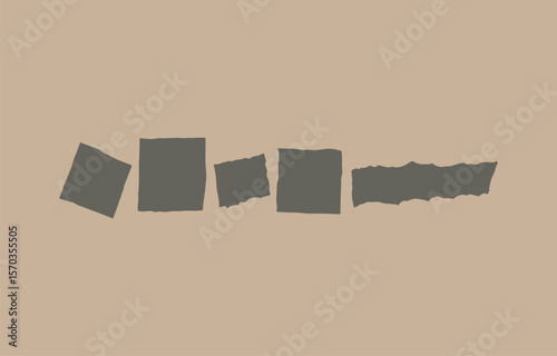 Abstract arrangement of dark gray geometric shapes including squares and a torn rectangle on a muted beige background representing a minimalist composition