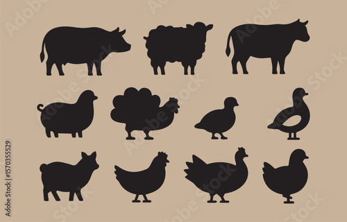 Collection of black silhouettes of farm animals including cows sheep pig turkey chicken and duck on a beige background