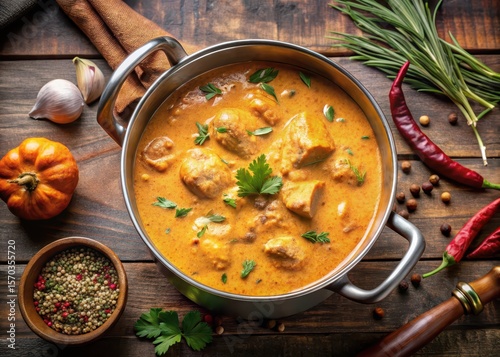 Warm aromatic spices and melted rich creamy butter chicken sauce simmering in a large cooking pot on a stovetop