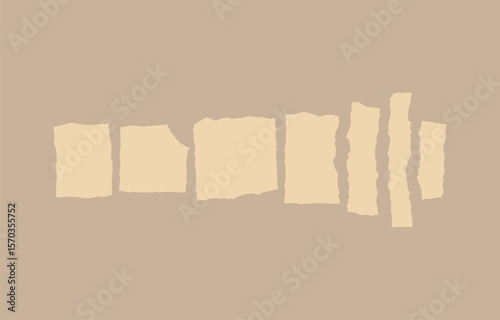 A collection of torn beige paper scraps with rough edges arranged horizontally on a muted brown background creating a minimalist abstract composition