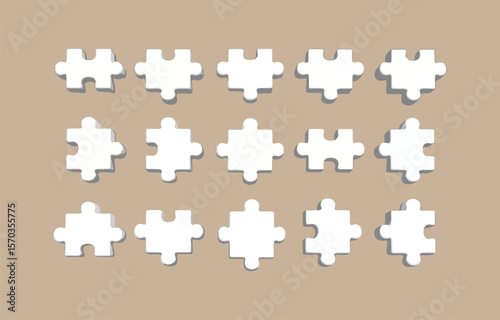 A collection of white puzzle pieces arranged in three rows on a muted brown background symbolizing connection strategy and completion