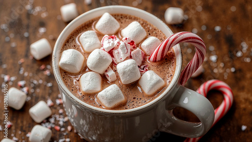 Festive peppermint hot cocoa with marshmallows and candy cane
