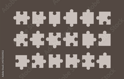 A collection of light gray puzzle pieces arranged in three rows against a dark brown background symbolizing connection and problem solving