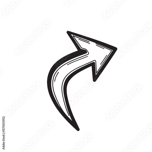 Artistic hand drawn curved arrow direction symbol in black and white design on a white background