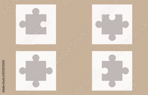 Four simple minimalist puzzle pieces are arranged in a two by two grid against a neutral beige background representing connection and completion