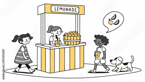 Illustration of a lemonade stand with kids and dog buying fresh homemade lemonade on a summer day scene, vector
