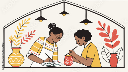 Two women enjoying painting pottery and ceramics in a bright studio art hobby workshop class project
