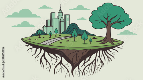 Floating island with city skyline, trees, and root system, a nature and urban landscape illustration