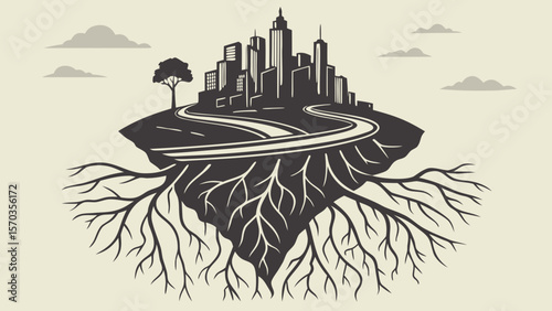 Cityscape with roots and roads vector illustration for urban development and growth concept design art 100