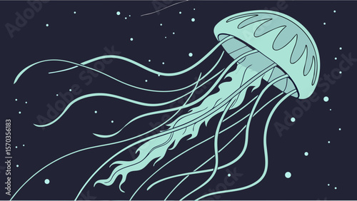 Illustration of a jellyfish in deep ocean water with stars in the background vector graphic art