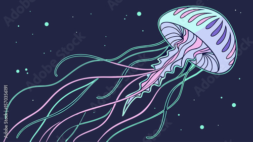 Pastel jellyfish illustration in dark ocean water with stars and glowing tentacles art design drawing