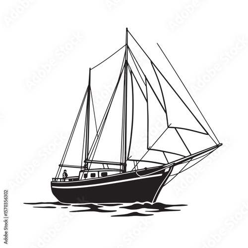 Black and white illustration of a vintage art sailing schooner on the water