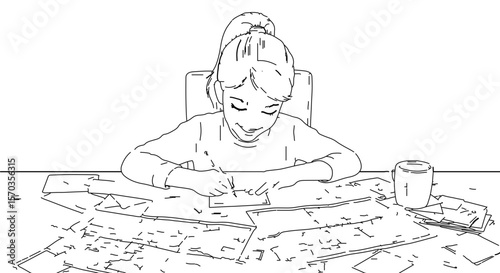 Illustration of a girl writing at a desk surrounded by papers and a cup of coffee line art drawing