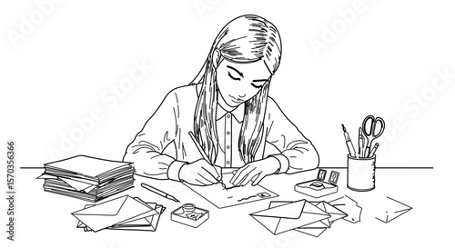 Illustration of girl writing letter at desk with stationery for creative writing and correspondence art project