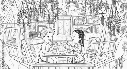 Coloring page of children having a tea party in a treehouse with books and plants for kids and adults