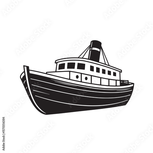 Black and white illustration of a vintage art steamboat sailing on the ocean waters