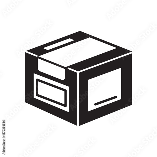 Black and white isometric box packaging icon design for business and e-commerce vintage art