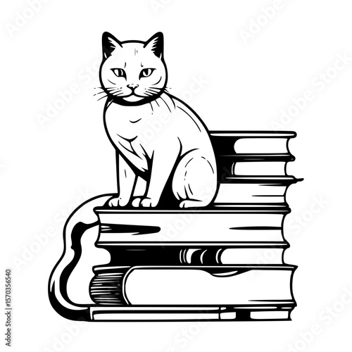Cat sitting on stack of books vector illustration for book lovers and pet owners, black and white line art design