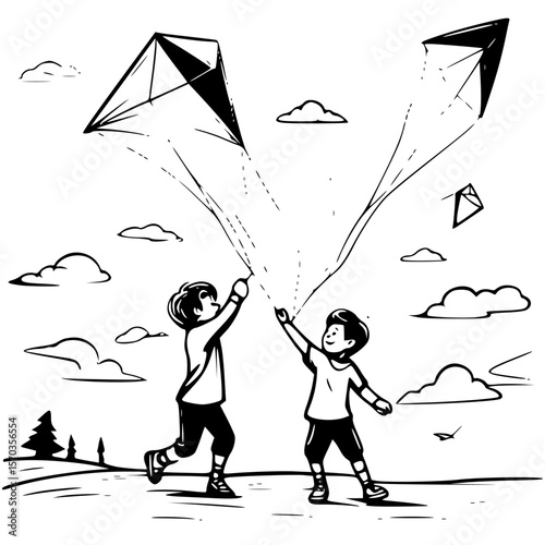 Children flying kites outdoor activity vector illustration for kids coloring page and learning material design
