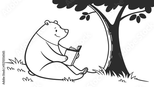 Bear reading book under tree illustration for kids story time and learning resources vector artwork image