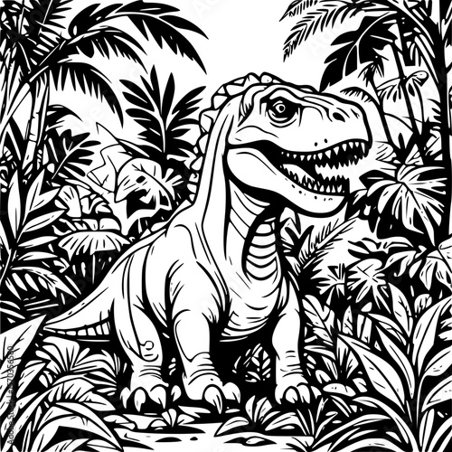Detailed line art illustration of a t rex dinosaur in a jungle setting for coloring book page design