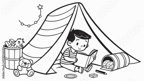 Coloring page of boy reading in tent with teddy bear and toys for kids activity and relaxation fun time
