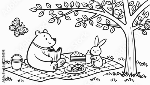 Bear and bunny having a picnic under a tree coloring page for kids and adults to print and color fun 100
