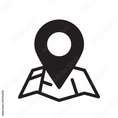 Black and white minimalist icon of a map pointer representing location destination and navigation vintage art