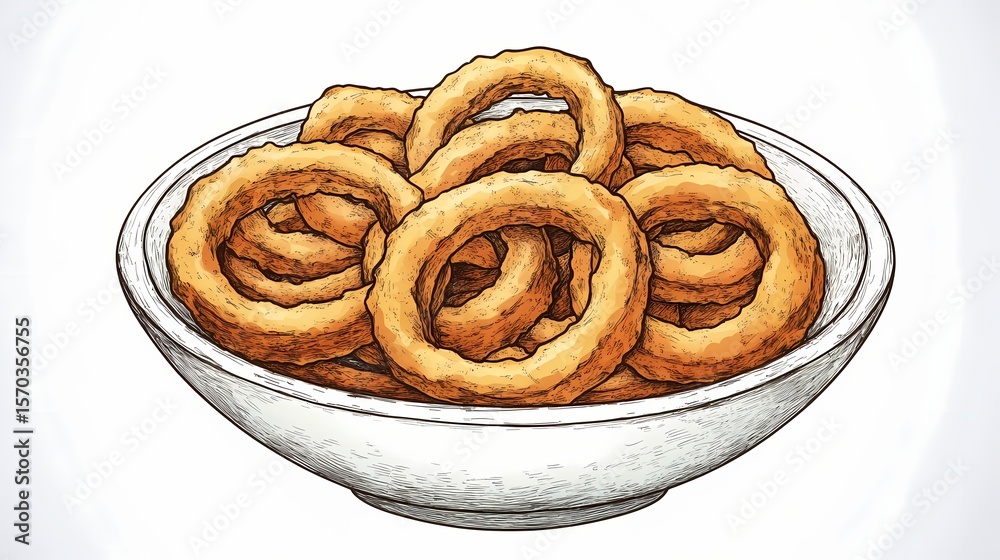 Fototapeta premium Hand-drawn illustration of onion rings in a bowl.