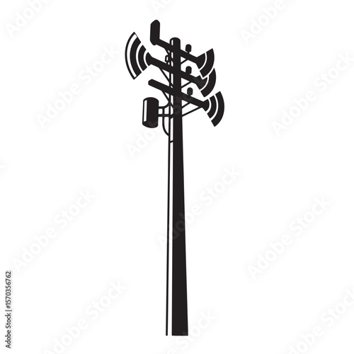 Black and white silhouette illustration of a telecommunications utility pole depicting modern technology and connectivity