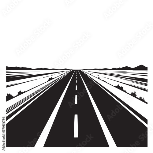 Black and white vector illustration of a long straight road leading to the horizon in a vintage art style