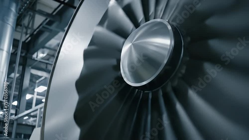 Close Up of Industrial Turbine Engine Blades in a Factory Setting with Metallic Silver Tones and Detailed Engineering Design