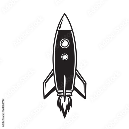 Black and white vintage art illustration of a classic rocket ship with simple geometric shapes and a retro aesthetic