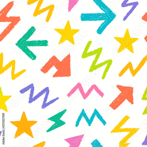 Colorful hand-drawn pattern featuring arrows, stars, and zigzags on a white background.