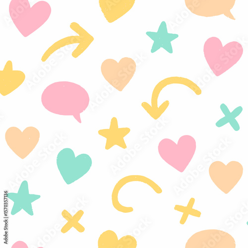A whimsical pattern featuring hearts, stars, arrows, speech bubbles, and crosses in pastel colors.