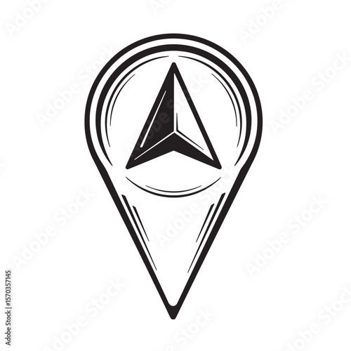 Black and white vintage art of a location pin symbol with an arrow for navigation and directions