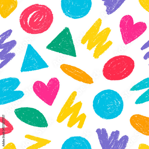 Colorful, hand-drawn shapes and patterns in a repeating, vibrant design.