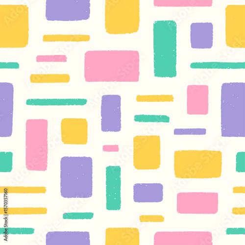 Pastel-colored rectangular and linear shapes create a cheerful, seamless pattern.