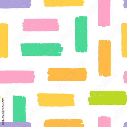 Pastel-colored rectangular brushstrokes form a cheerful, repeating pattern.