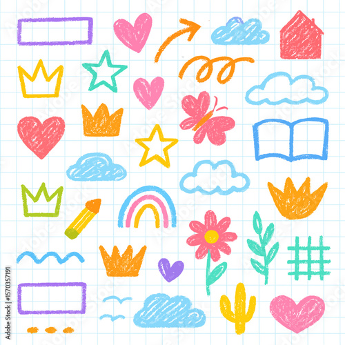 Assorted colorful doodle elements on a grid paper background, including hearts, stars, crowns, clouds, and other whimsical shapes.