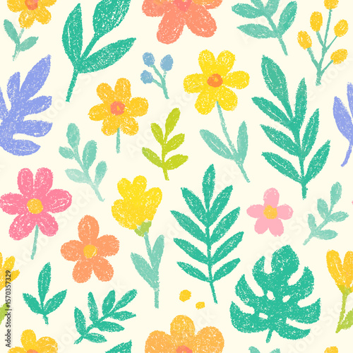 Pastel crayon-style floral and leaf seamless pattern.  Bright, cheerful design featuring various flowers and tropical foliage.