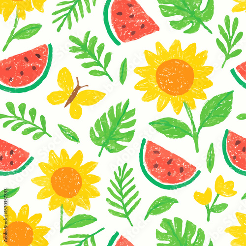 Colorful summer pattern featuring watermelons, sunflowers, tropical leaves, and butterflies.