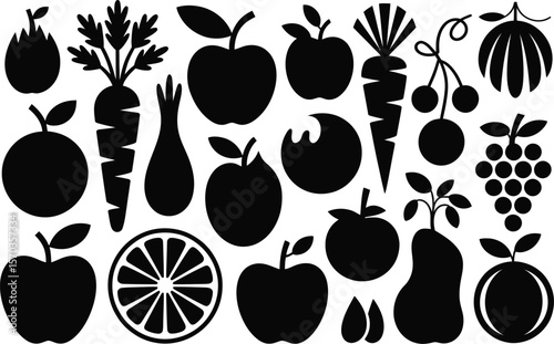 A collection of black silhouette fruit and vegetables arranged on a white background