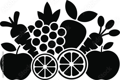 A monochrome still life featuring apples, grapes, carrots, and sliced oranges in black